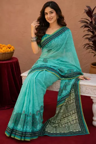 Sky blue rama linen digital print work saree with unstitched blouse piece