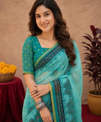 Sky blue rama linen digital print work saree with unstitched blouse piece 4