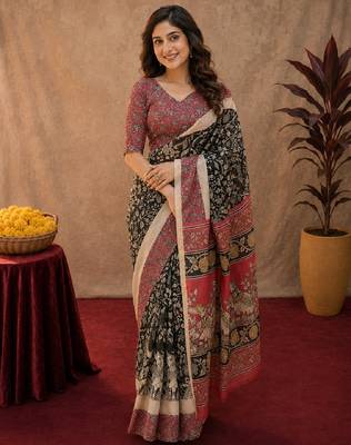 Black pink linen digital print work saree with unstitched blouse piece 1