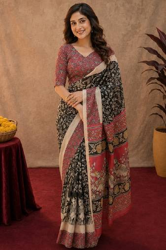 Black pink linen digital print work saree with unstitched blouse piece