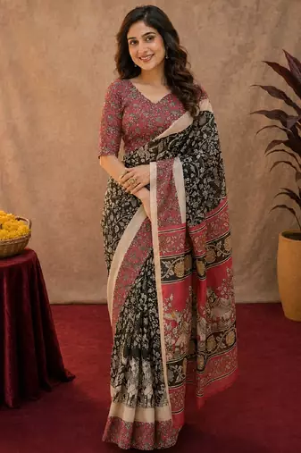 Black pink linen digital print work saree with unstitched blouse piece