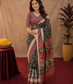 Black pink linen digital print work saree with unstitched blouse piece
