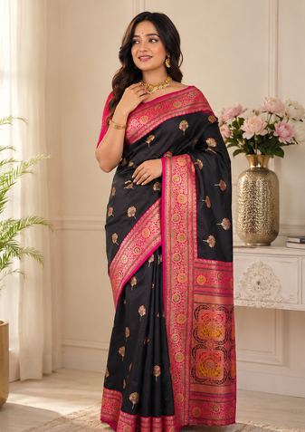 black color intricate color thread weaving design rich weaving pallu benarasi silk blend sarees