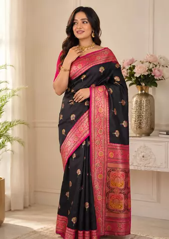 black color intricate color thread weaving design rich weaving pallu benarasi silk blend sarees