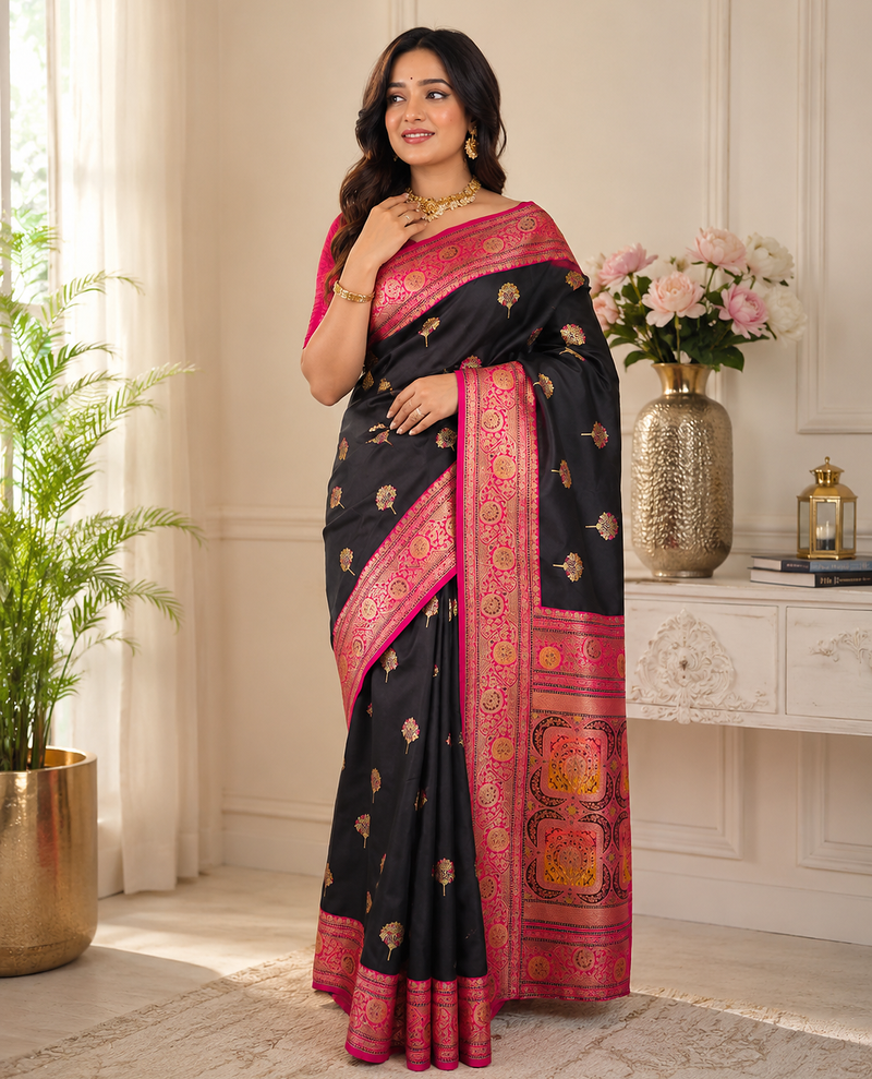 black color intricate color thread weaving design rich weaving pallu benarasi silk blend sarees