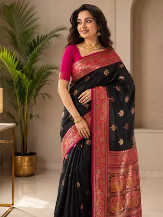 black color intricate color thread weaving design rich weaving pallu benarasi silk blend sarees