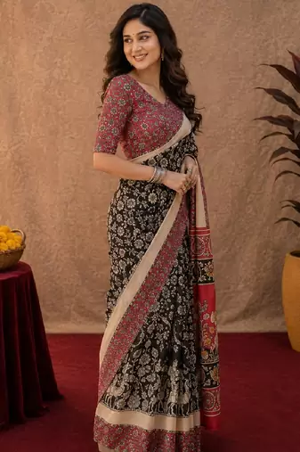 Black pink linen digital print work saree with unstitched blouse piece