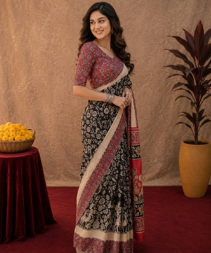Black pink linen digital print work saree with unstitched blouse piece