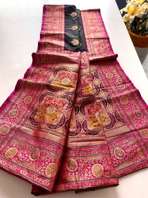 black color intricate color thread weaving design rich weaving pallu benarasi silk blend sarees 3