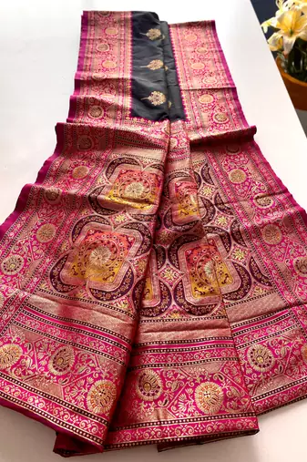 black color intricate color thread weaving design rich weaving pallu benarasi silk blend sarees