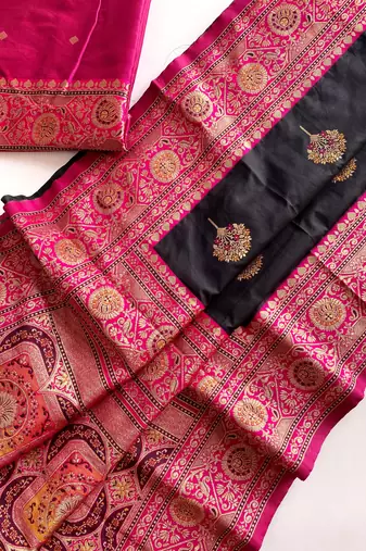 black color intricate color thread weaving design rich weaving pallu benarasi silk blend sarees