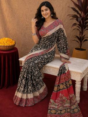 Black pink linen digital print work saree with unstitched blouse piece 3
