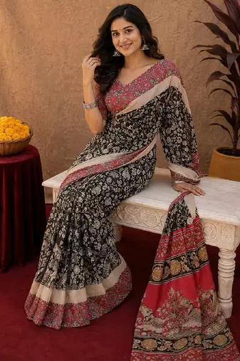 Black pink linen digital print work saree with unstitched blouse piece