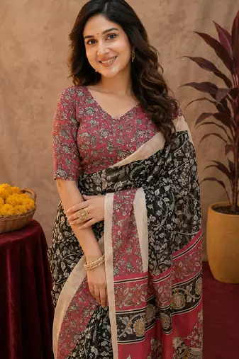 Black pink linen digital print work saree with unstitched blouse piece