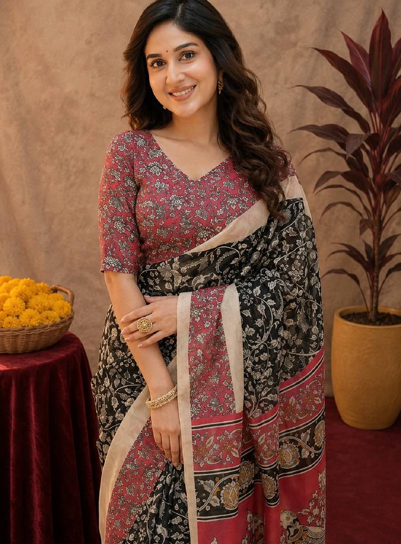 Black pink linen digital print work saree with unstitched blouse piece