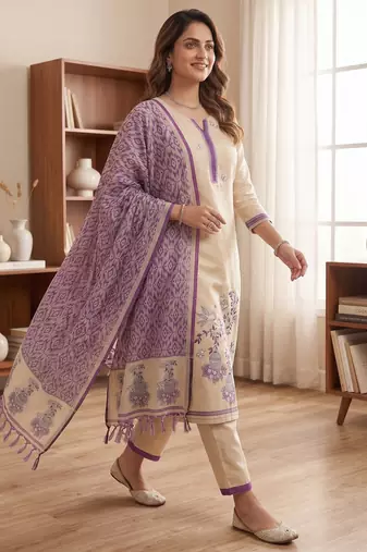 Purple jamdani pichwai weaving banarasi dress material (3pcs)