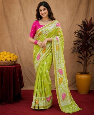 Parrot pink linen digital print work saree with unstitched blouse piece 1