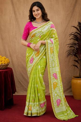 Parrot pink linen digital print work saree with unstitched blouse piece