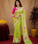 Parrot pink linen digital print work saree with unstitched blouse piece