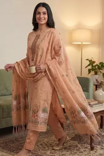 Peach jamdani pichwai weaving banarasi dress material (3pcs)