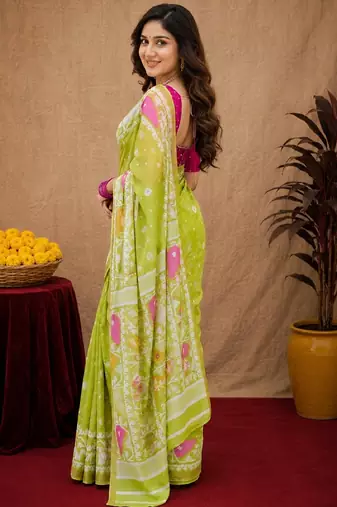 Parrot pink linen digital print work saree with unstitched blouse piece