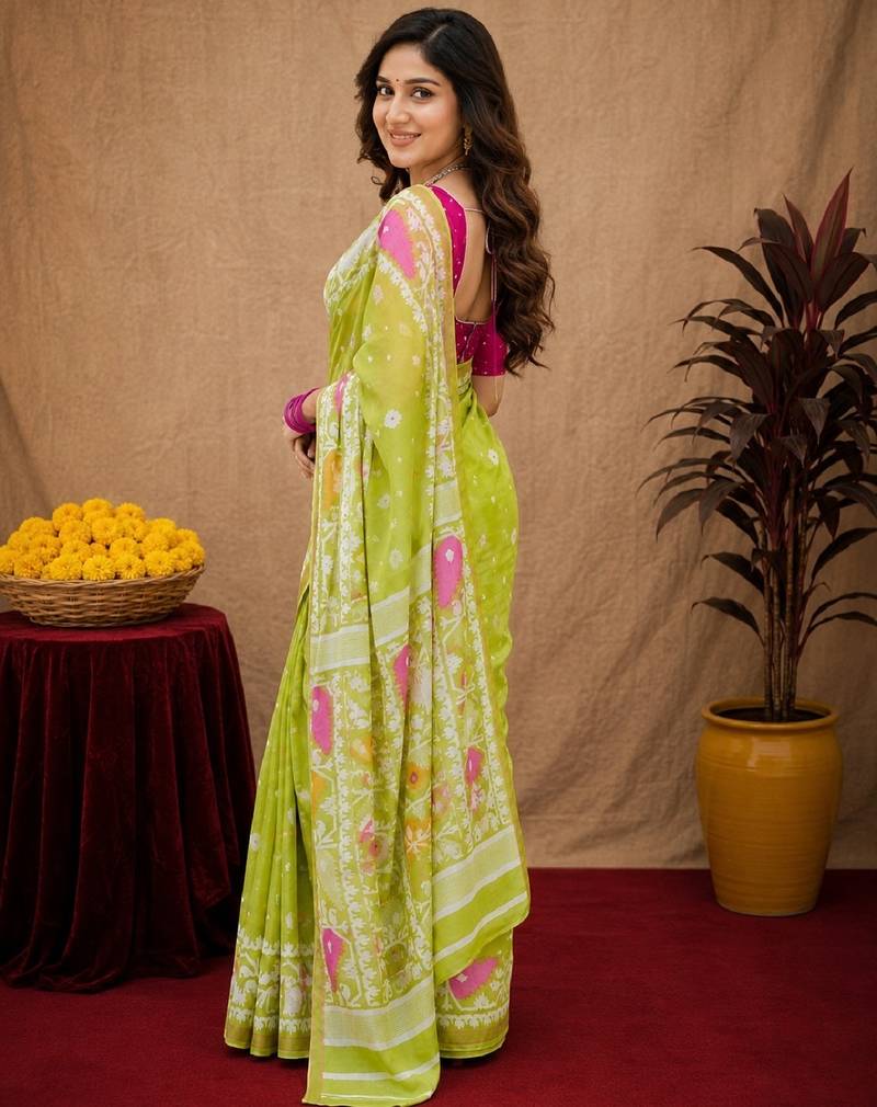 Parrot pink linen digital print work saree with unstitched blouse piece