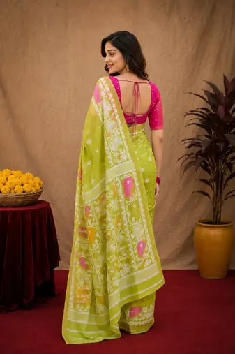Parrot pink linen digital print work saree with unstitched blouse piece
