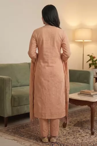 Peach jamdani pichwai weaving banarasi dress material (3pcs)