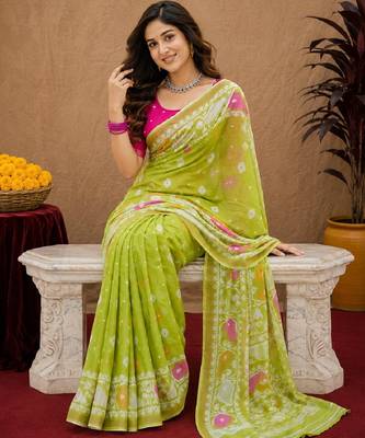 Parrot pink linen digital print work saree with unstitched blouse piece 4