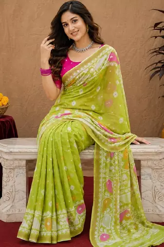Parrot pink linen digital print work saree with unstitched blouse piece
