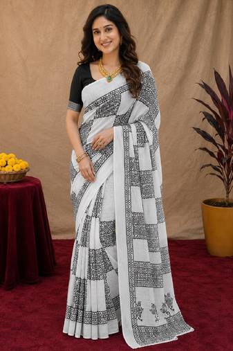 White black linen digital print work saree with unstitched blouse piece