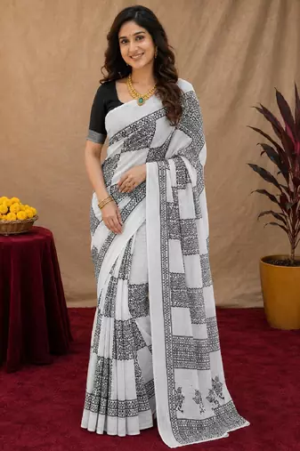 White black linen digital print work saree with unstitched blouse piece