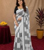 White black linen digital print work saree with unstitched blouse piece