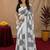 White black linen digital print work saree with unstitched blouse piece