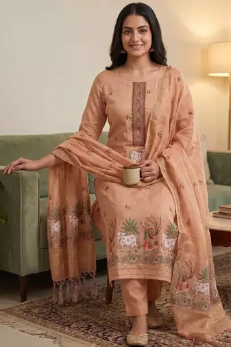 Peach jamdani pichwai weaving banarasi dress material (3pcs)