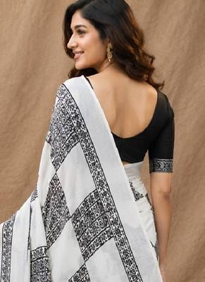 White black linen digital print work saree with unstitched blouse piece 2