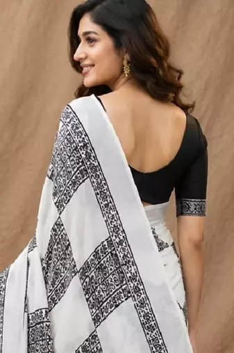 White black linen digital print work saree with unstitched blouse piece