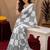 White black linen digital print work saree with unstitched blouse piece