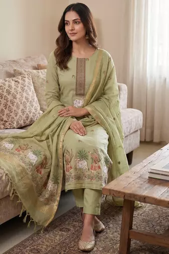 Pista jamdani pichwai weaving banarasi dress material (3pcs)