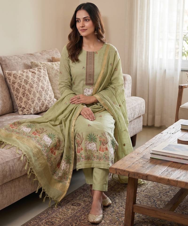 Pista jamdani pichwai weaving banarasi dress material (3pcs)