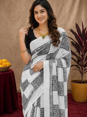 White black linen digital print work saree with unstitched blouse piece 4