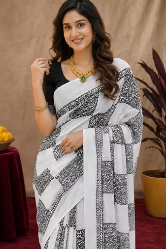 White black linen digital print work saree with unstitched blouse piece