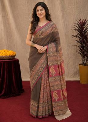 Dusty grey pink linen digital print work saree with unstitched blouse piece 1