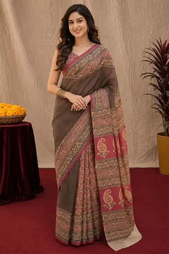 Dusty grey pink linen digital print work saree with unstitched blouse piece