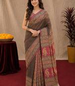 Dusty grey pink linen digital print work saree with unstitched blouse piece