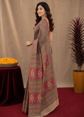 Dusty grey pink linen digital print work saree with unstitched blouse piece 2