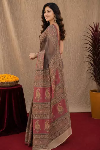 Dusty grey pink linen digital print work saree with unstitched blouse piece