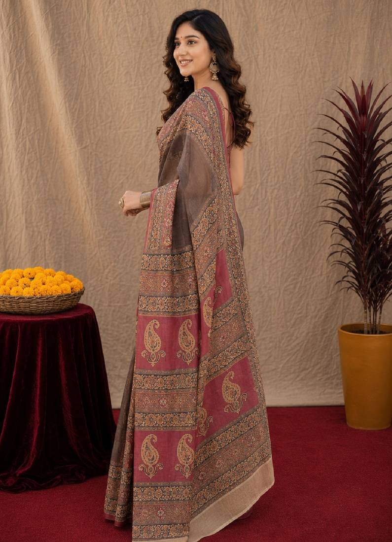 Dusty grey pink linen digital print work saree with unstitched blouse piece