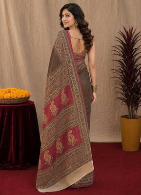 Dusty grey pink linen digital print work saree with unstitched blouse piece 3