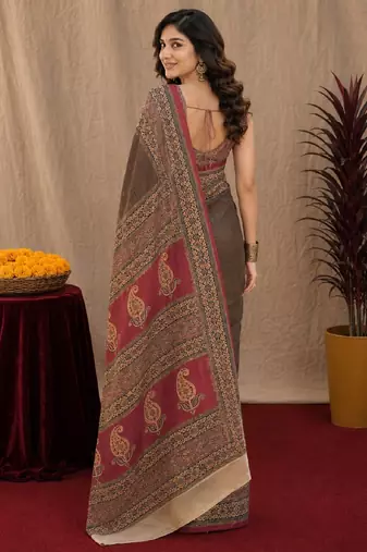 Dusty grey pink linen digital print work saree with unstitched blouse piece